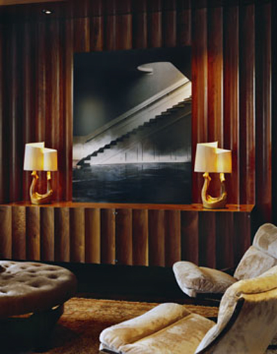 Fluted walnut paneling in an interior designed by Fox-Nahem