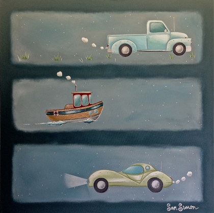 Painting with truck, boat, and car by Sam SImon